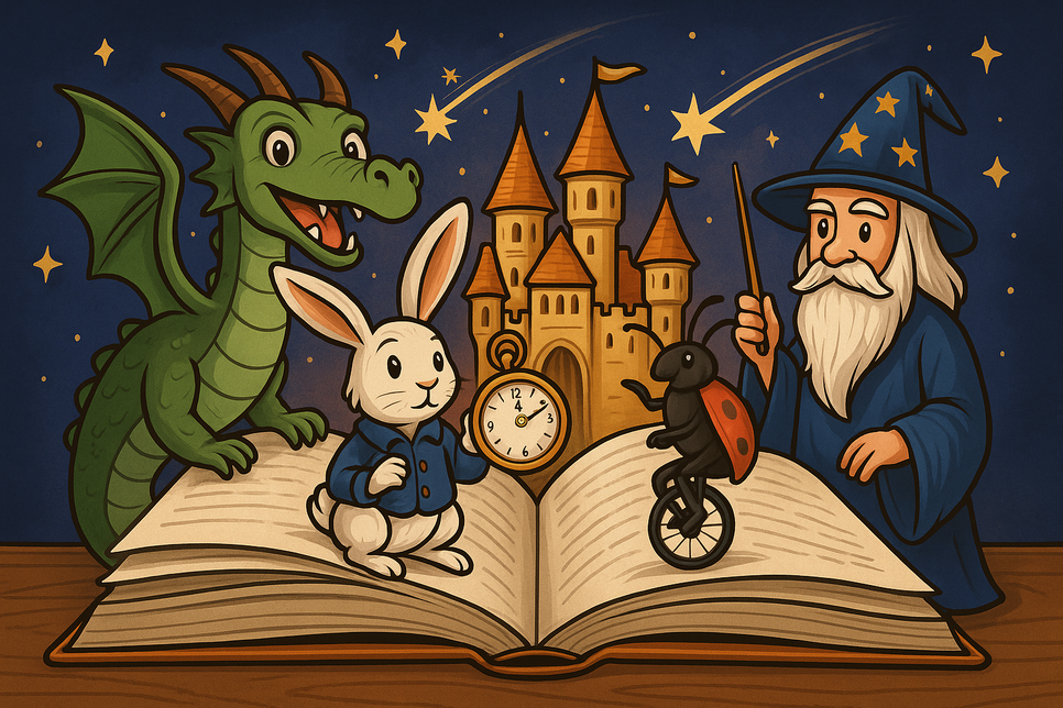 Fantasievolle Illustration eines Buches, aus dem ein Hase mit Uhr, ein Zauberer, ein Drache, ein Schloss und ein Käfer auf einem Einrad wachsen.