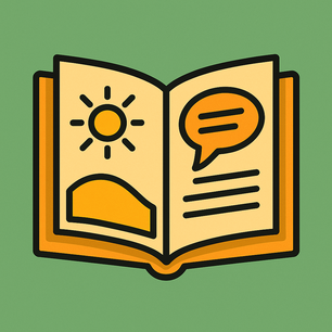 Illustration eines orangen Bilderbuches auf grünem Hintergrund