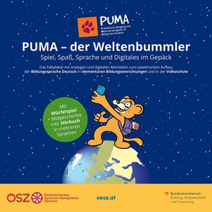 Illustration eines orangen Pumas auf einer Weltkugel. Der Titel PUMA - der Weltenbummler steht mittig am Bild. 