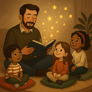 Lehrer sitzt mit einem Buch neben 3 Kindern und liest ihnen vor. 