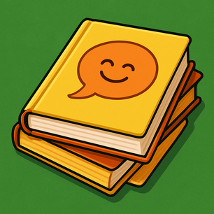 Gelbes Buch mit oranger Sprechblase auf grünem Hintergrund